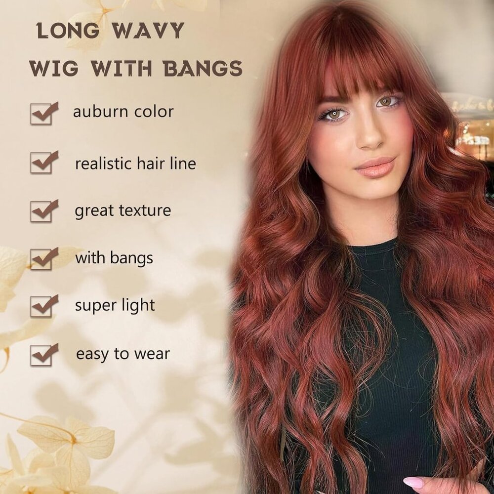 Auburn Wig with Bangs for Women Long Wavy Wigs 26 Inch Auburn Wigs Natural Looki - Picture 2 of 6